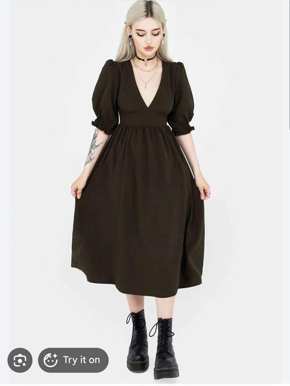 Disturbia Olive Puff Sleeve V-Neck Midi Dress